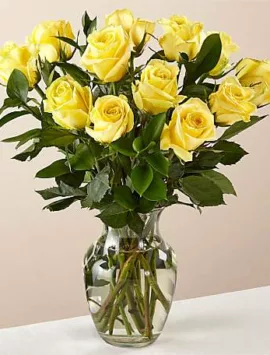 12 Stem Ray of Sunshine Yellow Rose Bouquet in Glass Vase